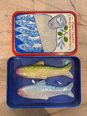 Viral Sardine Tin Mediterranean Olive Oil Scented Fish Candles - Green & Blue